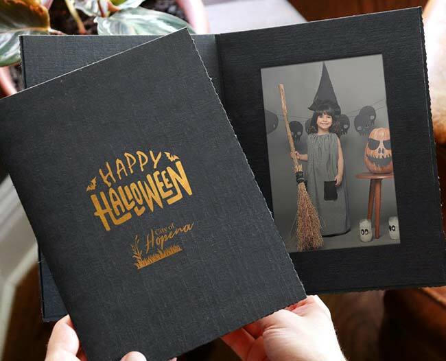 Black portrait folder personalized with copper foil Halloween imprint