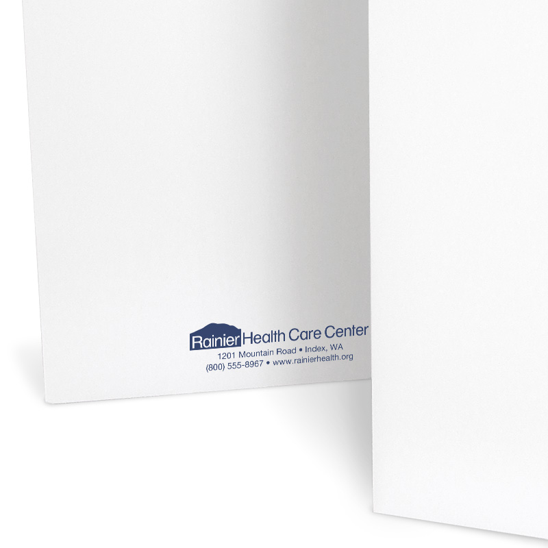 Health care center contact info printed on the back of a pocket folder