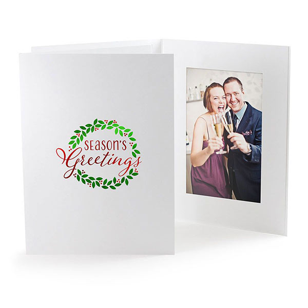 Christmas photo folder with green and red foil wreath imprint