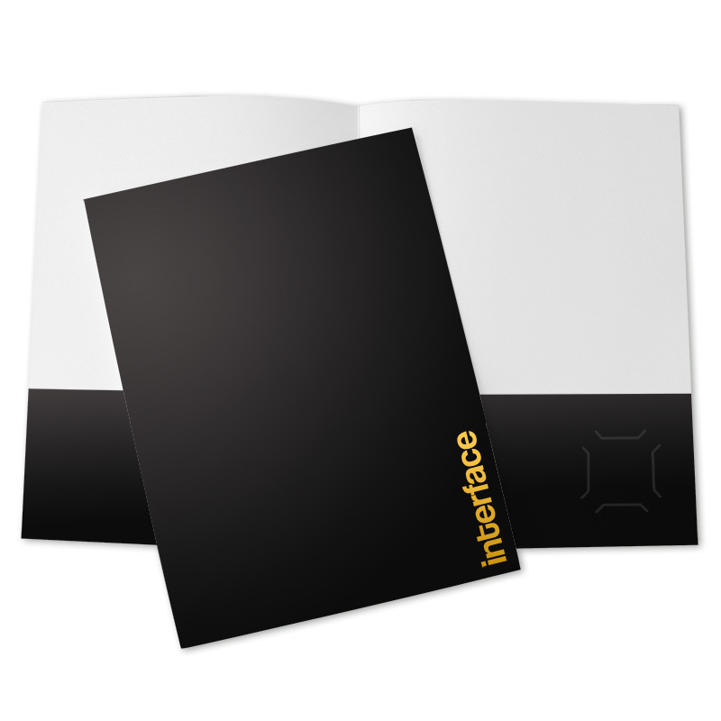 Black presentation folder with gold foil logo imprint