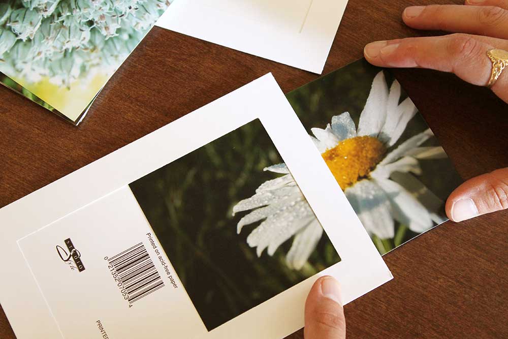 Inserting a 4x6 nature photo into a white photo frame greeting card