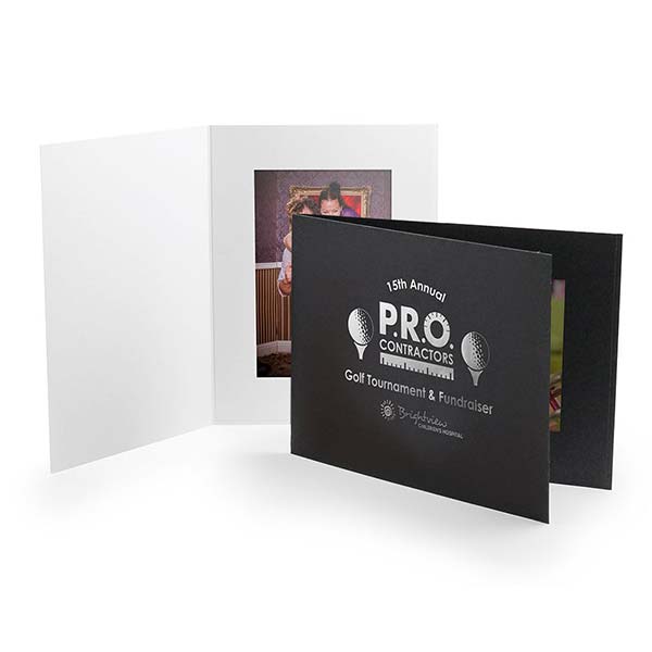 Black and white paper photo folders with logo