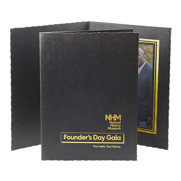 Black cardboard photo folder with gold foil logo imprint