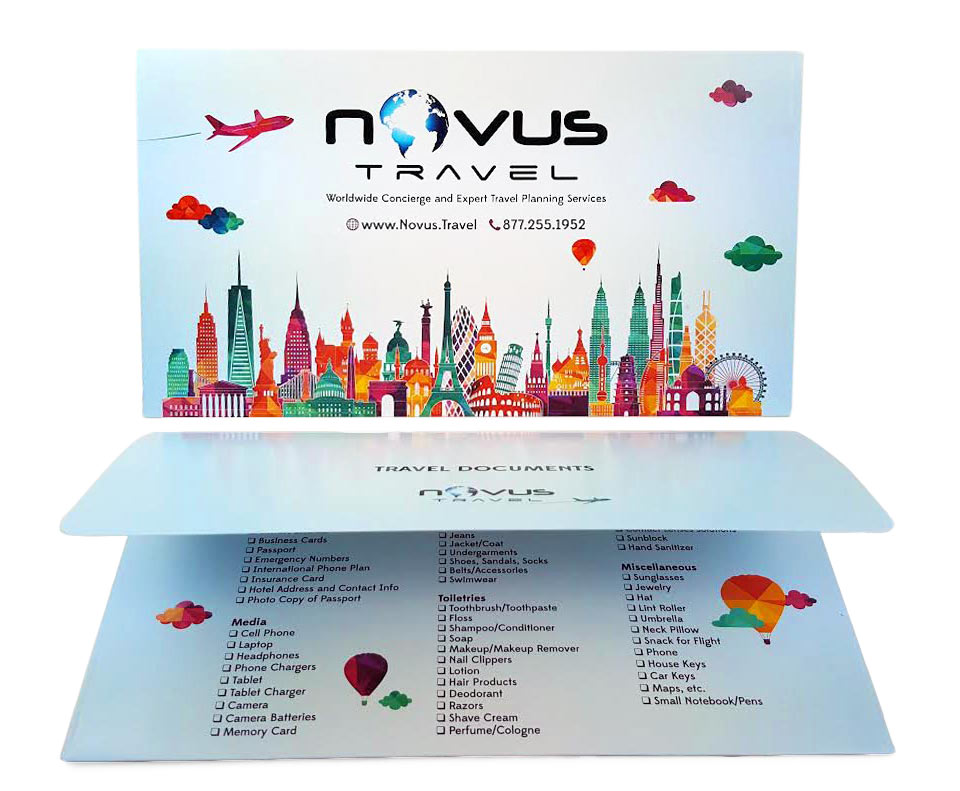 Colorful custom printed travel document pouch with packing list printed inside.