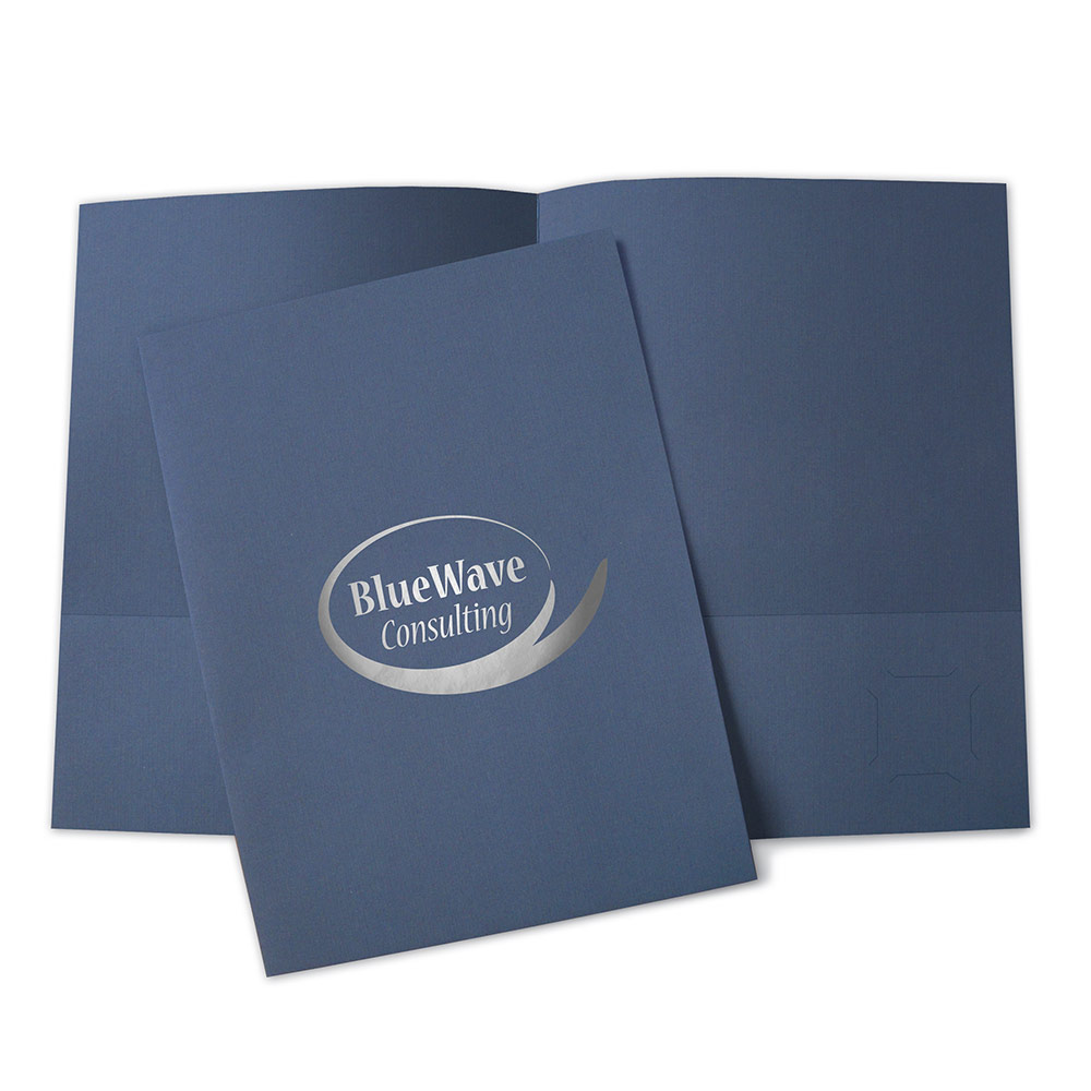 Blue pocket folder with logo imprint