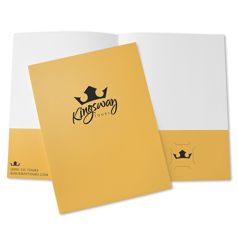 Yellow pocket folder with black logo design