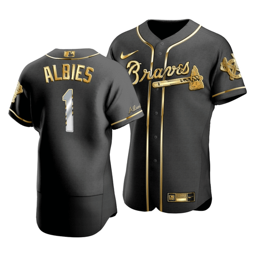 Men'S Atlanta Braves Ozzie Albies #1 Gold Edition Black  Jersey