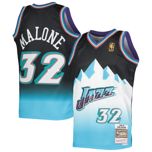 Karl Malone Utah Jazz Mitchell & Ness  1996-97 Hardwood Classics Fadeaway Swingman Jersey - Black/Light Blue