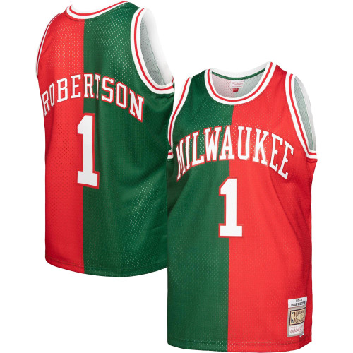 Oscar Robertson Milwaukee Bucks Mitchell & Ness Hardwood Classics 1971-72 Split Swingman Jersey - Green/Red