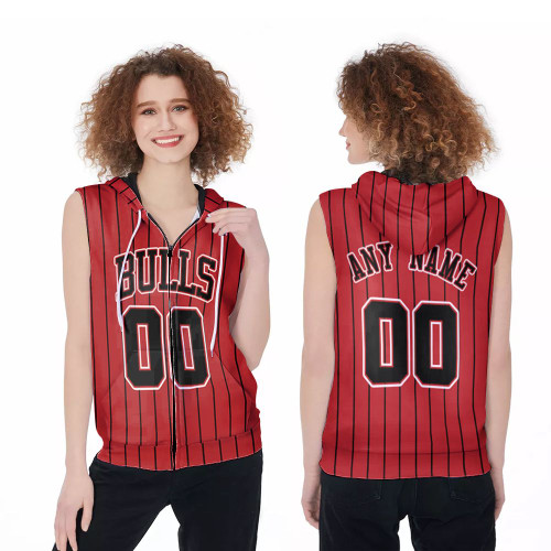 Personalized Chicago Bulls Throwback Red Black Stripe Jersey Inspired Style Zip Sleeveless Hoodie