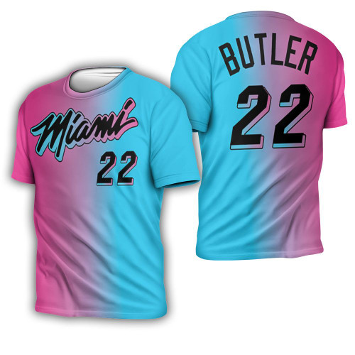 Miami Heat Jimmy Butler 22 Nba 2020 City Edition Split Pink Blue Jersey Inspired Style 3D T-Shirt