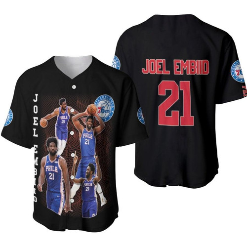 Philadelphia 76ers Joel Embiid 21 NBA Defensive Player of the Year Black 3D Designed Allover Gift For 76ers Fans Baseball Jersey