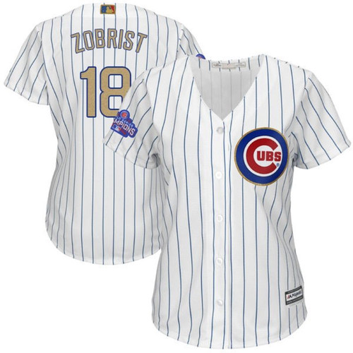 Chicago Cubs Ben Zobrist #18 White Stripes 2016 Cubs Championship Gold Edition Women Jersey