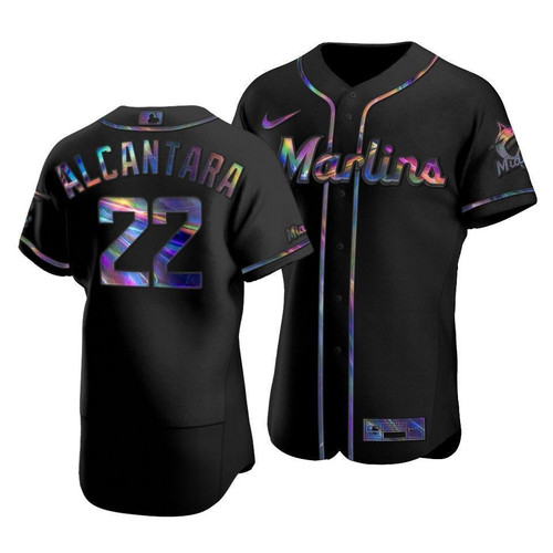 Men'S Miami Marlins Sandy Alcantara #22 Iridescent Logo Holographic Limited Jersey Black