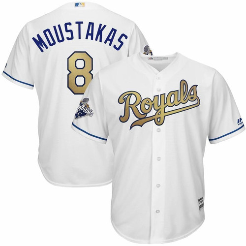 Mike Moustakas Kansas City Royals Majestic 2015 World Series Champions Gold Program Cool Base Player White 3D Jersey