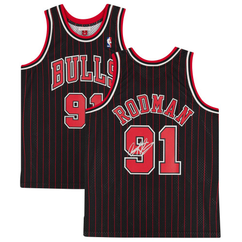 Dennis Rodman Chicago Bulls Fanatics Autographed Black and Red Pinstripe Mitchell & Ness Replica Jersey