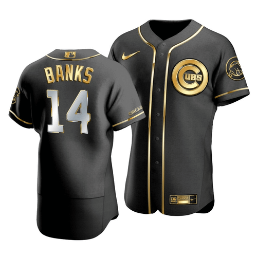 Men'S Chicago Cubs Ernie Banks #14 Golden Edition Black  Jersey