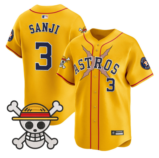 Houston Astros #3 2025 Sanji One Piece Vapor Limited Jersey - Gold