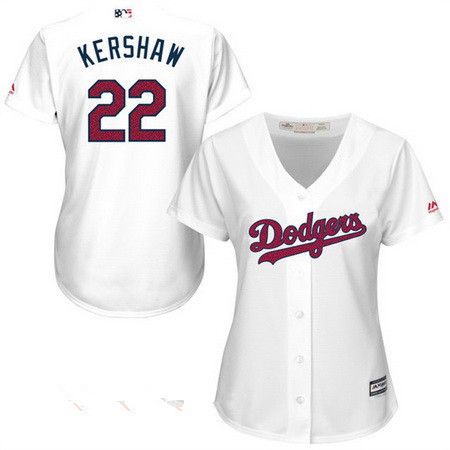 Clayton Kershaw #22 Los Angeles Dodgers Majestic Womens Stars Stripes Fashion Independence Day Limited Cool Base Jersey - White