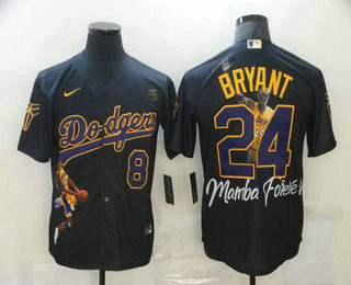 Kobe Bryant #8 Los Angeles Dodgers Mens Front Back 24 Kb Patch Cool Base Fashion Limited Jersey - Black