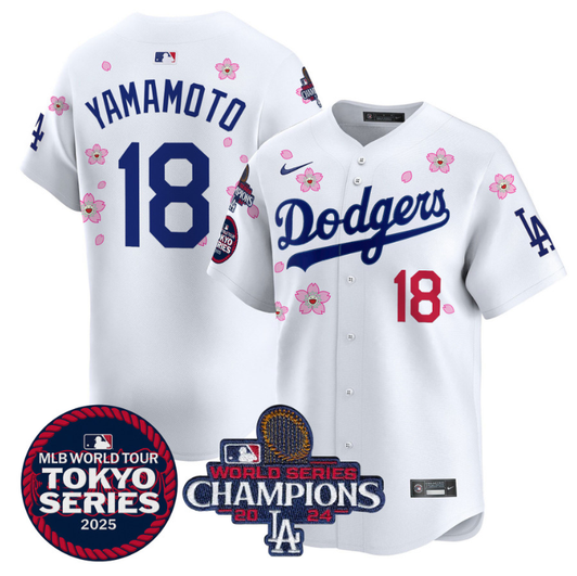 Los Angeles Dodgers #18 2025 Yamamoto Tokyo Series World Series Champions Patch Limited Jersey - White