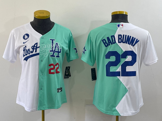 Los Angeles Dodgers #22 Womens 2022 Bad Bunny Two Tone Celebrity Softball Game Cool Base Jerseys Limited Jersey - White Green