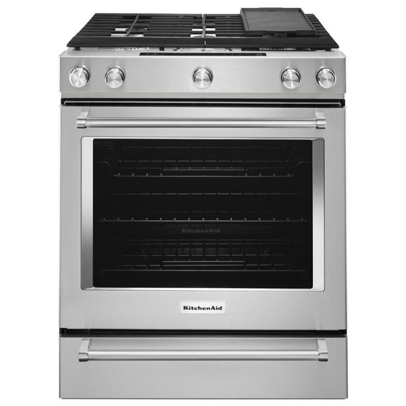 KitchenAid® 30-Inch 5-Burner Dual Fuel Convection  Front Control Range with Baking Drawer YKSDB900ESS