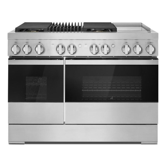Jennair® NOIR™ 48" Dual-Fuel Professional Range with Chrome-Infused Griddle and Gas Grill JDRP748HM