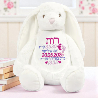 plush rabbit bunny teddy bear personalized hebrew name birth stats gift