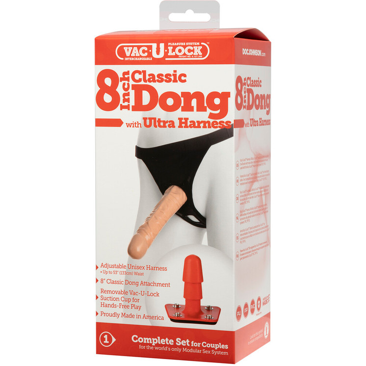 Vac-U-Lock 8 Inch Classic Dong With Ultra Harness