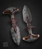 Large Push Dagger with Walrus Handle, Damascus Blade and Engraving, by Larry Fueganharry consignmnet 6950, Fuegen; lrg push dagger, walrus handle 3”bl 6”o