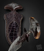 Large Push Dagger with Walrus Handle, Damascus Blade and Engraving, by Larry Fueganharry consignmnet 6950, Fuegen; lrg push dagger, walrus handle 3”bl 6”o