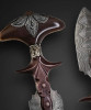 Large Push Dagger with Walrus Handle, Damascus Blade and Engraving, by Larry Fueganharry consignmnet 6950, Fuegen; lrg push dagger, walrus handle                                             3”bl 6”o