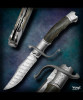 Piece 2024-08, Guard Release Automatic Bowie Liner Lock with Mammoth Ivory Fileworked, Textured Titanium & Stainless Steel Damascus, Twisted Damasteel by Javier Vogt