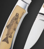 Integral Stainless Steel Trout & Bird Knife with Ivory Micarta Inlays and Colored Scrimshaw of Atlantic Salmon and Arctic Grayling Fish by Richard Hodgson