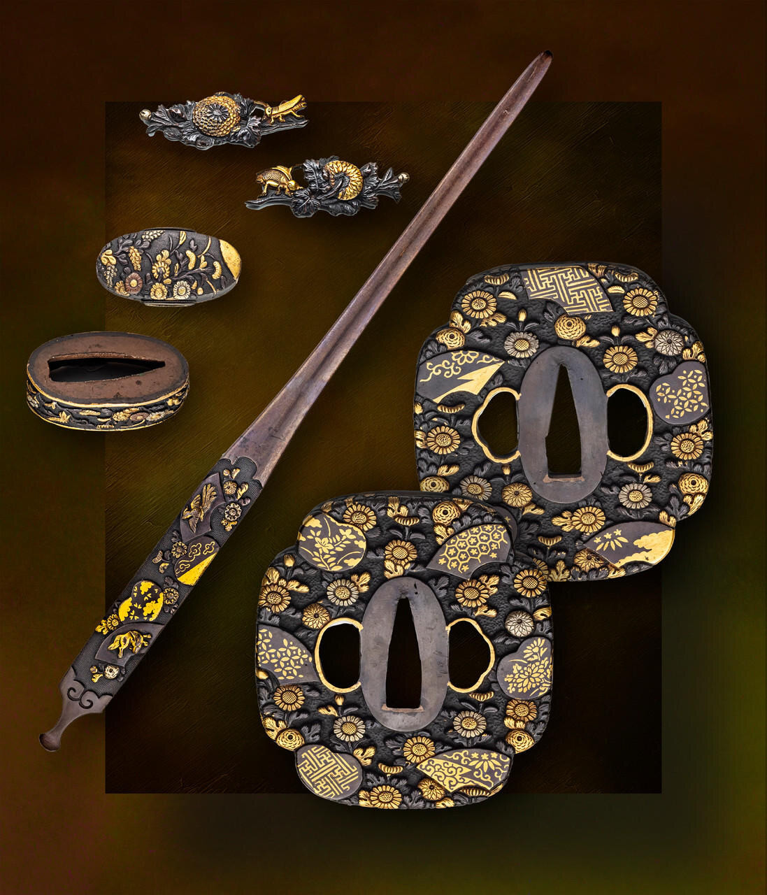 Japanese Armory, Japanese Sword Fitting Set, Tsuba & Menuki
