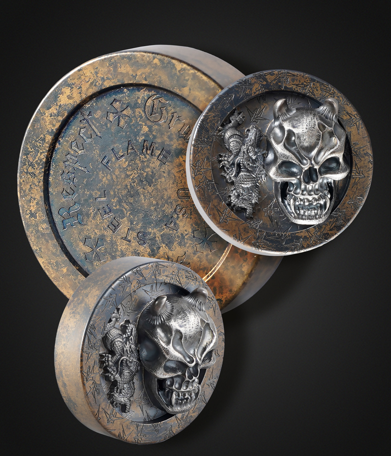 Steel Flame, Bronze Coin with Skull, 