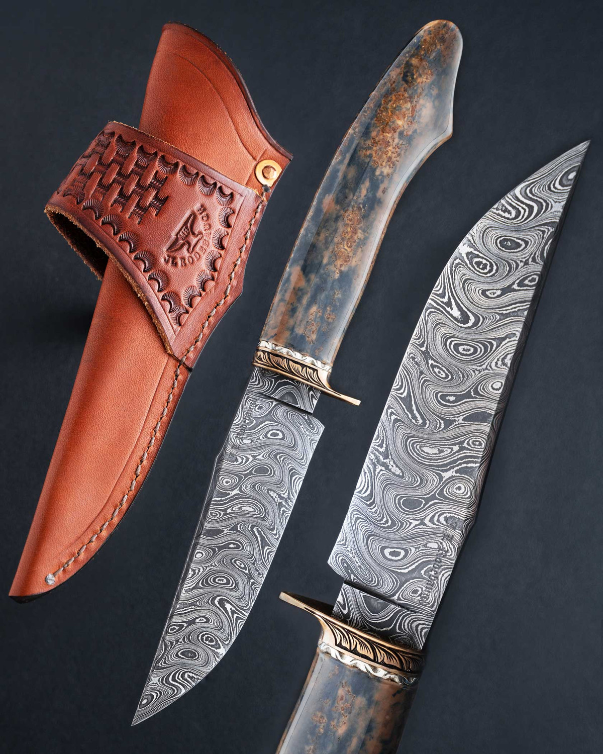 Rodebaugh, J.L., MS, Damascus Bird and Trout Knife with Fossilized