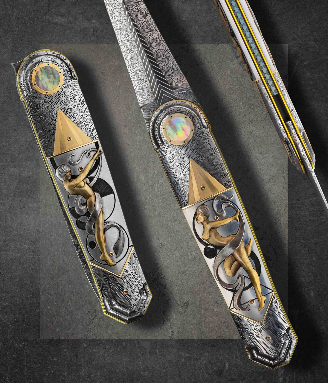 Wood, Owen, Damascus Folder with Art Deco Engraving by Ron Skaggs