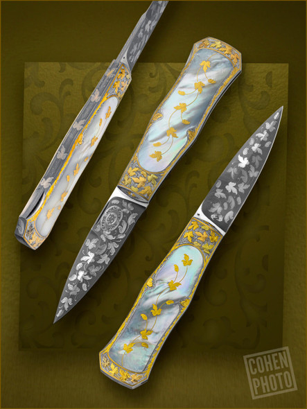  Hoel, Steve - Folding, Mother of Pearl Dagger, Engraved by Barry Lee Hands, FIREARMS ENGRAVERS GUILD OF AMERICA BEST ENGRAVED KNIFE AWARD 