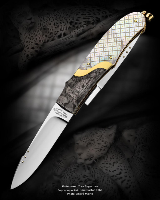 Fogarizzu, Tore 2 Blade Pearl & Gold Folder, Engraved by Raul Sartor Filho 