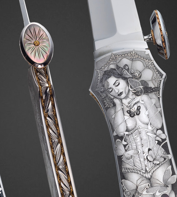 Fifties Pin-Up with Elegant Butterflies Fine Folding Knife by Salvatore Puddu, Engr. by Manrico Torcoli, with Black Lip Pearl
