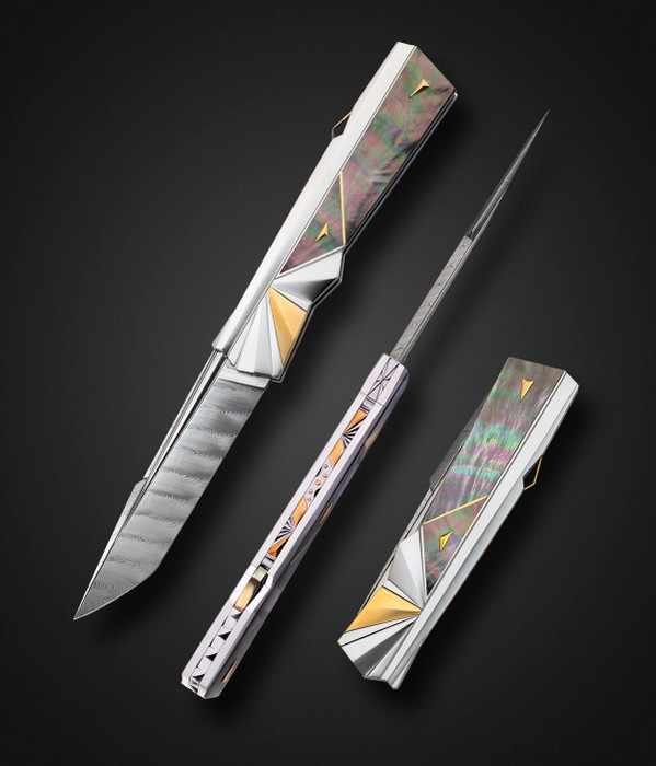 Lovely & Classic Ken Steigerwalt Art Deco Lockback Folder with Black Lip Pearl & Elegant, Gold, Triangular Details Lovely & Classic Ken Steigerwalt Art Deco Lockback Folder with Black Lip Pearl & Elegant, Gold, Triangular Details