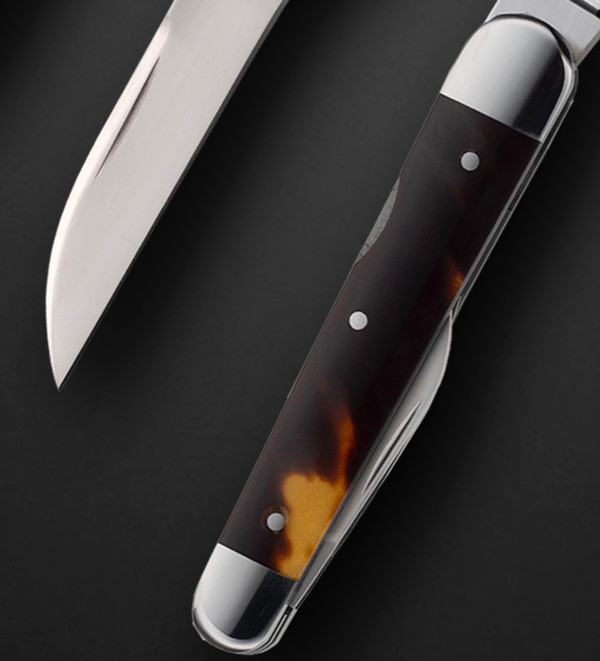 3 Blade, Lockback Whittler, Folding Knife with Antique Amber Scales & 14K Gold Shield, 3.75" Closed, by Bill Ruple