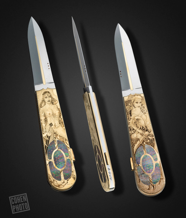 Warrior Women with Eagle & Swords, Solid 18K Gold & Black Lip Pearl Lockback Folding Dagger by Antonio Fogarizzu, Engraved by Master Engraver, Manrico Torcoli Warrior Women with Eagle & Swords, Solid 18K Gold & Black Lip Pearl Lockback Folding Dagger by Antonio Fogarizzu, Engraved by Master Engraver, Manrico Torcoli