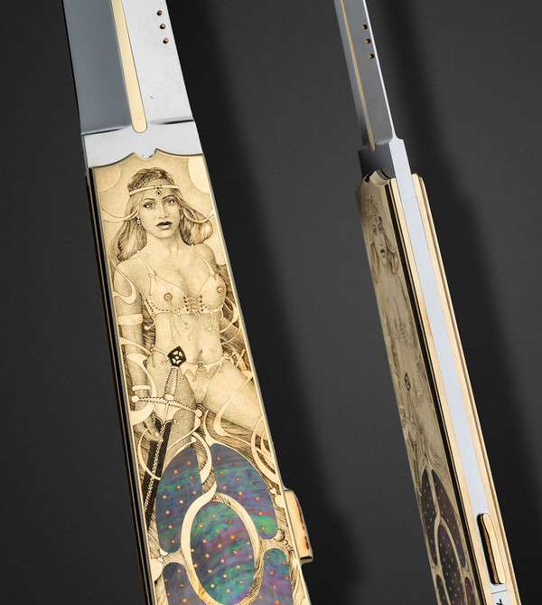 Warrior Women with Eagle & Swords, Solid 18K Gold & Black Lip Pearl Lockback Folding Dagger by Antonio Fogarizzu, Engraved by Master Engraver, Manrico Torcoli Warrior Women with Eagle & Swords, Solid 18K Gold & Black Lip Pearl Lockback Folding Dagger by Antonio Fogarizzu, Engraved by Master Engraver, Manrico Torcoli