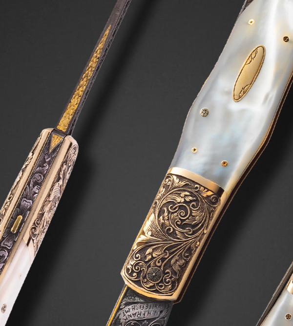 AKI 1995, San Diego Show, Pearl & 14K Gold Bolster Lockback Folding Knife with Gold Toothpick and Detailed Scroll Engraving, Handmade by Henry Frank