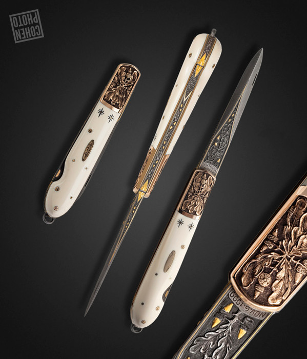 Antique Mammoth & 14K Gold Bolster Lockback Folding Dagger with Gold in the Blade and Detailed Scroll Leaf and Acorn Engraving, Handmade by Henry Frank Antique Mammoth & 14K Gold Bolster Lockback Folding Dagger with Gold in the Blade and Detailed Scroll Leaf and Acorn Engraving, Handmade by Henry Frank