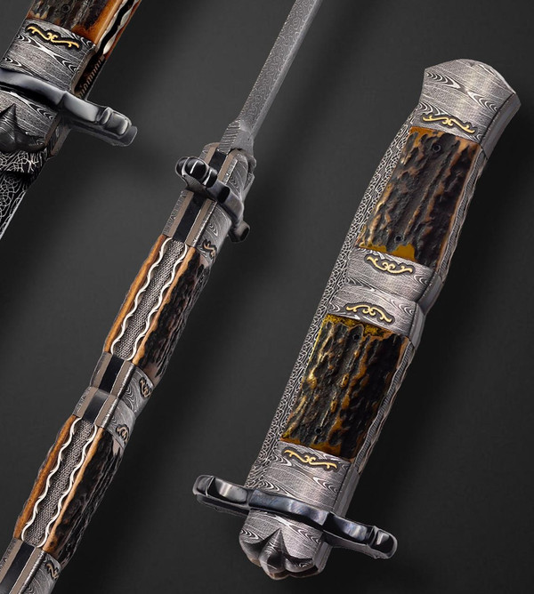 Vogt, Javier Custom, Automatic Dagger by Javier Vogt, Featuring Turkish Lace Pattern Damascus, Red Deer Stag Scales and 24K Gold Inlay 