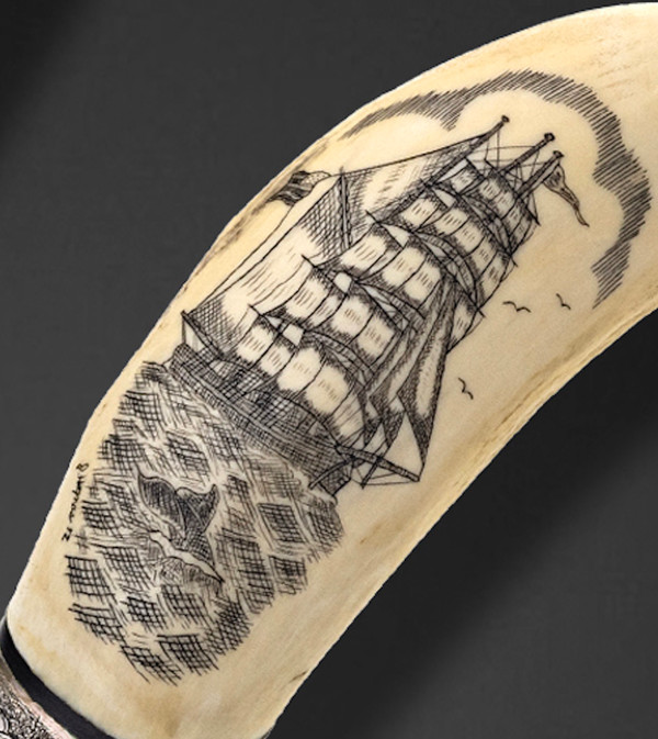 Whale's Tooth Handle & Damascus Knife by Gary Little with Engraved, Sterling Silver Bolsters & Scrimshaw Showcasing The Whale & the Pequod Whaling Ship From Herman Melville's Moby Dick
